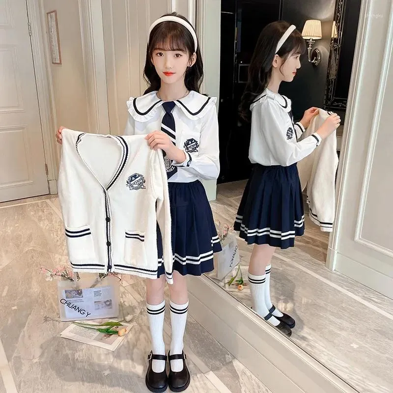 Kledingsets Japan schooluniform meisjes trui jas shirts plaid geplooide rokken 3 stks jk pak lente herfst katoen geknikt vest