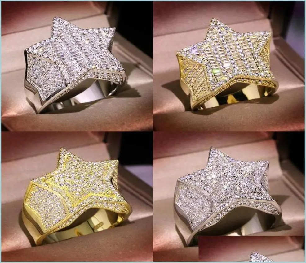 Con piedras laterales para hombres, piedras de oro de la estrella de la estrella de la estrella, Hip Hop Hop Sier Rings Jewelry 1850 T2 Del Yzedibleshop DHD8J5485471