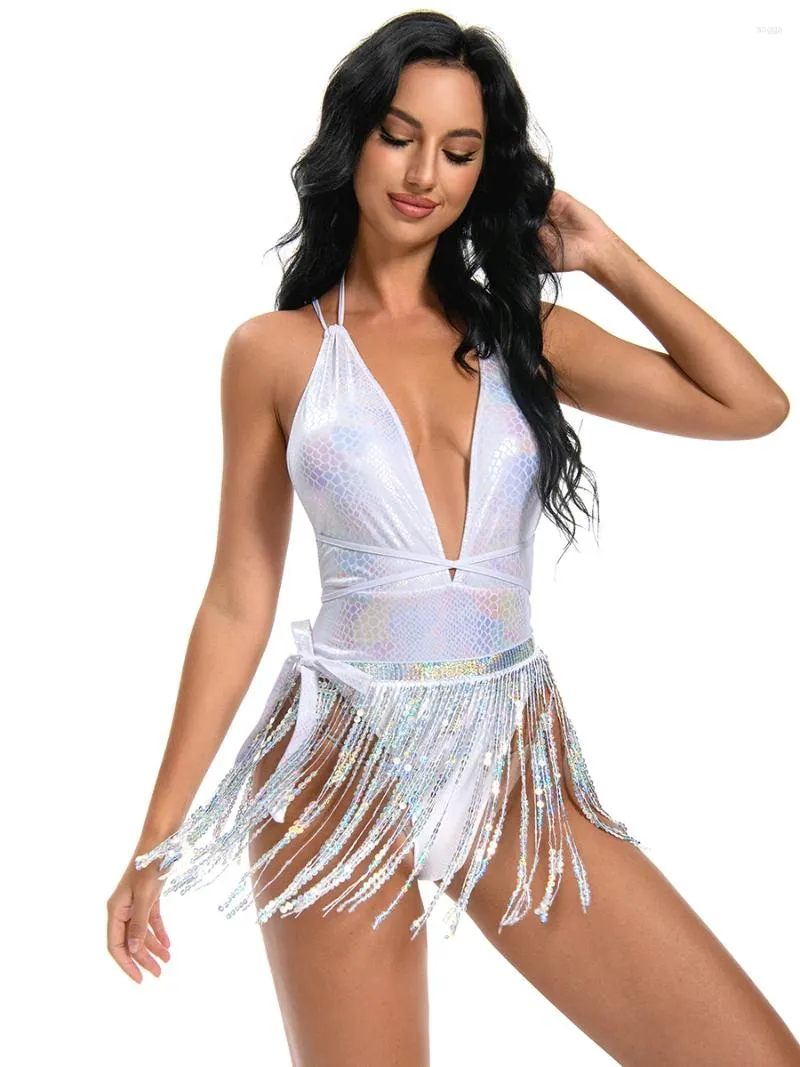 Women's Swimwear Women One Piece Swimsuit Sequin Sparkly Fringe Hem Shiny Plunge V Neck Bodysuit Bathing Suits Rave Outfit