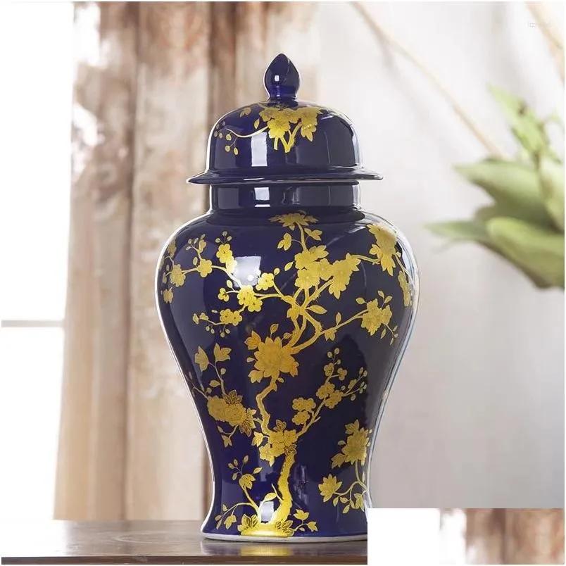 Flaskor burkar europeisk stil keramisk vas dekoration vardagsrum porslin ingefära burk elblå färg med blommönster tempel droppe dhr0n