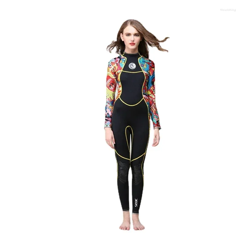 Kvinnors badkläder Kvinnor 3mm Scre Neoprene Wetsuit Hög Elasticitet Färgstygn Surf Dykning Suiten manetkläder Långärmad vatten