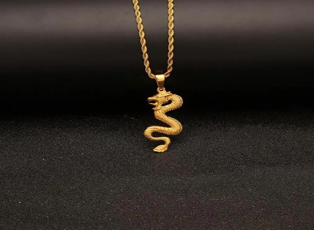 18k Gold Plated Gold Dragon Pendant Halsband Mens Charm med 24 -tums kubansk länkkedja Hip Hop Jewelry3214834