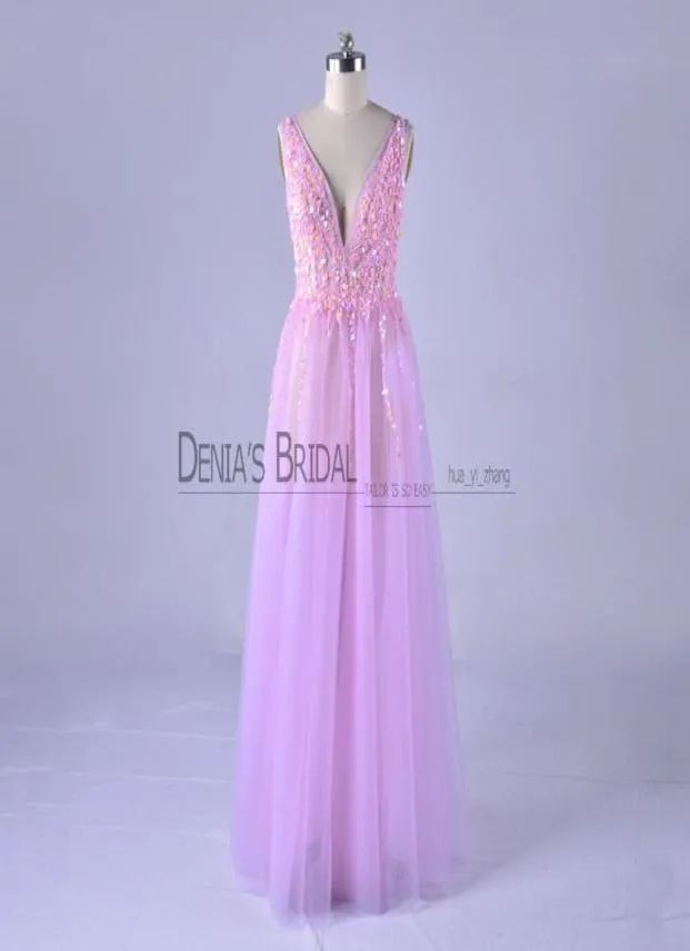 2018 Fairy Pink Aline Even Evening Sukienki z głęboką vneck iluzję Pearls Ceikins Custe Custom Make Real Images Sexy Party Formal P8954051