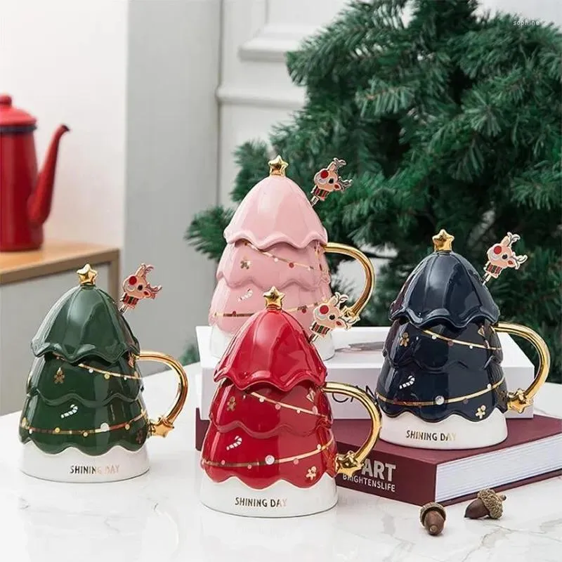 Tasses arbre de Noël créatif tasse en céramique maison petit-déjeuner après-midi après-midi couple de café couple et cuillère avec couvercle 420 ml