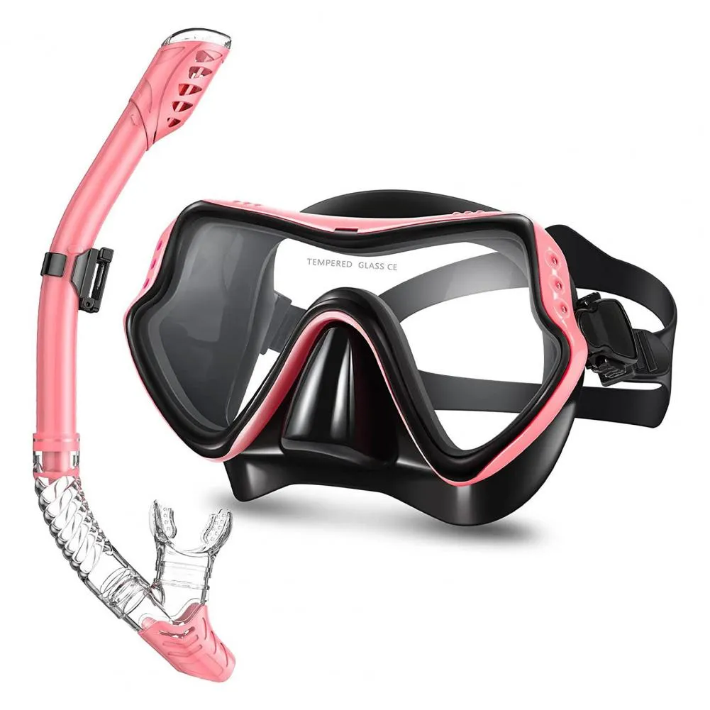 JRing Snorkel Mask Set For Adults - 180° Panoramic Tempered Glass Goggles & Dry Top Snorkel
