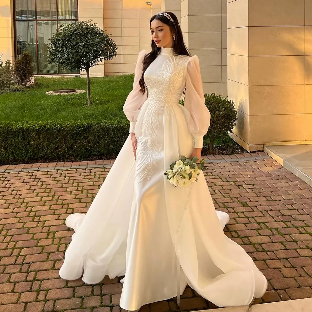 fitted lace wedding dress Vintage High Neck Ball Gown Wedding Dress 66686 Long Sleeve – Viniodress main image 0