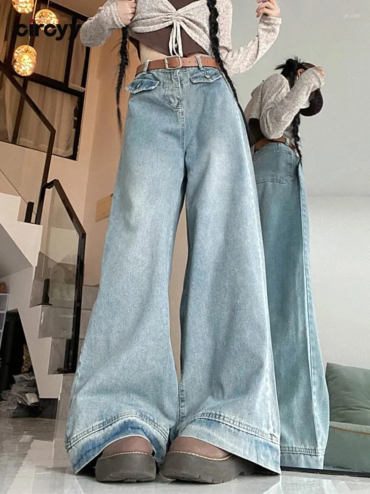 Kadınlar Kot pençeli kadınlar yüksek bel 2024 sonbahar mavi tam mavi tam uzunluğunda bacak denim pantolonlar vintage düğme gevşek pantolon