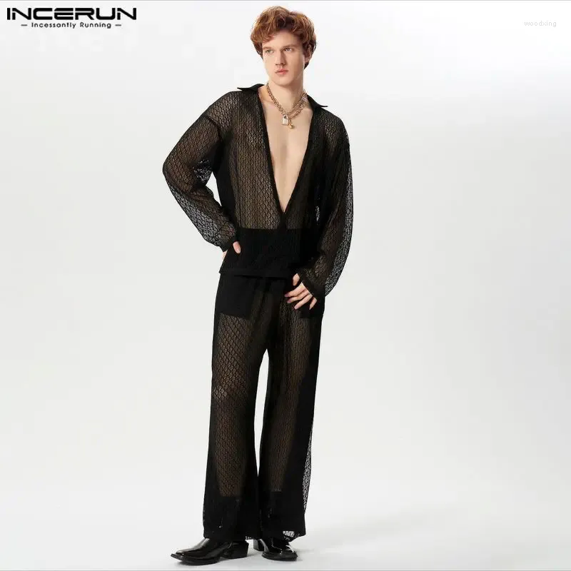 Men's Tracksuits American Style Sexy Sets Lace Hollow Tops Long Pants Casual Party Shows Male Selling Two-piece S-5XL INCERUN 2024