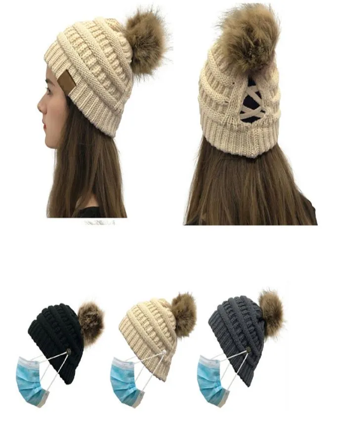 Winter warme hoed voor vrouwen gebreide criss kruis pom poms beanies haak hoeden dames paardenstaart bonenmeisjes meisjes skipapjes pompom hoed 10203729065