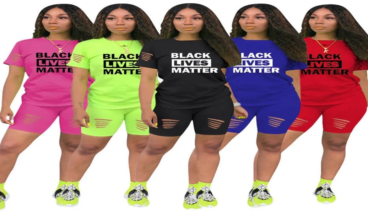 Black Lives Matter Letter Tracksuit Women 2 -delige shorts Set Gaten Gaten Korte mouw T -shirt Tops Outfit Summer Sports TEES Suit6039098