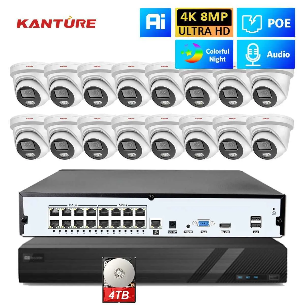 IP Cameras KANTURE 16CH 4K POE NVR Kit CCTV Security Camera System 8MP Colorful Night Vision Indoor Outdoor Audio Video Surveillance Kit 240413