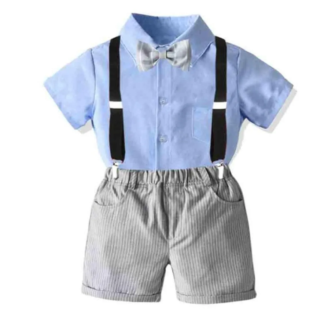 Zestawy odzieży Baby Boy Shirt Zestaw dziobu Urodziny Formal Kostium Summer Kids Krótkie niebo niebieskie top szary spodnie z zawieszeniem stroje 5711449