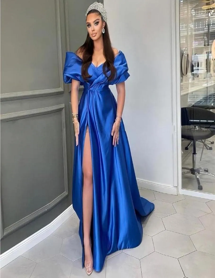 Sexy Royal Blue Satin A Line Dress Aush Lide Spalato Lunghezza pavimento Abito da sera Abiti da festa di celebrità formali C3142331