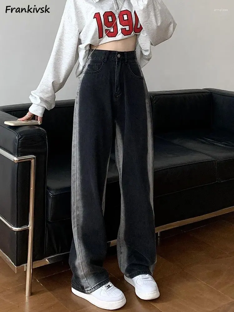 Jeans da donna ad alta vita Donne autunno strip-strip strizia sciolta tasca sciolta streetwear elegante stile europeo alla moda integrale
