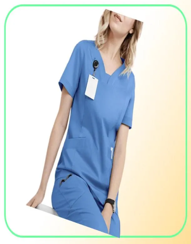 Alta qualidade Vneck Scrub Tops Beauty Salon Salão de enfermagem Calças elásticas de cintura unissex Acessório uniforme respirável1071098