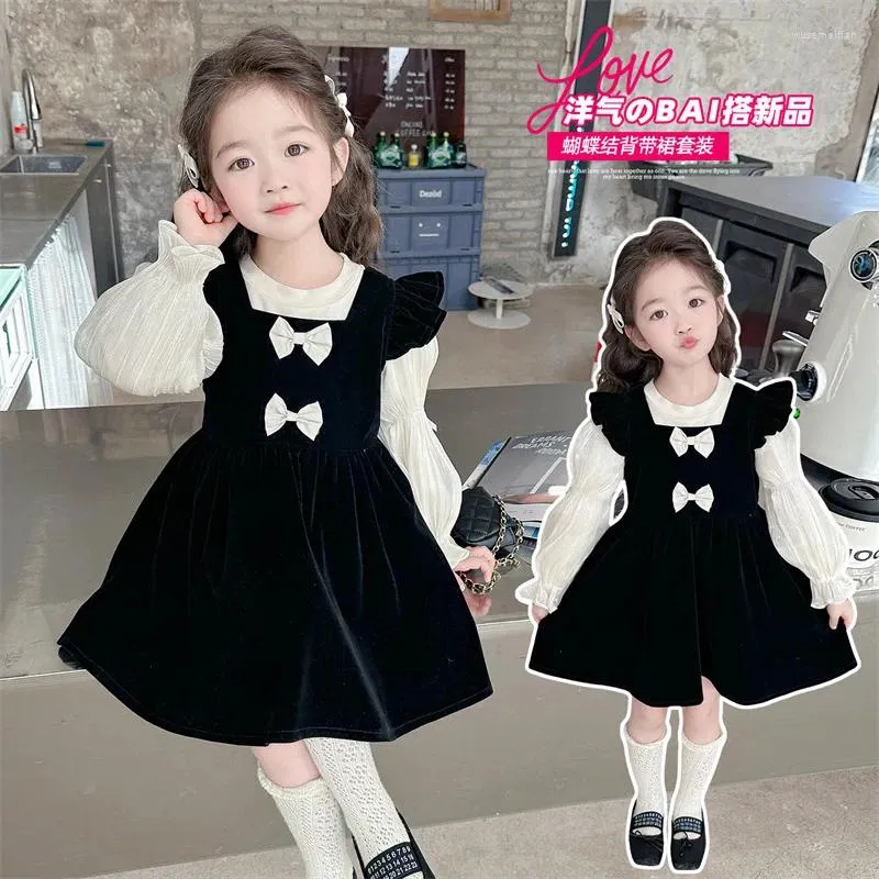 مجموعات الملابس 2024 Girls Baby Spring Autumn Set Velvet Flying Sleeves Dress Puff Tops قمصان أنيقة 2pcs بدلات الأطفال