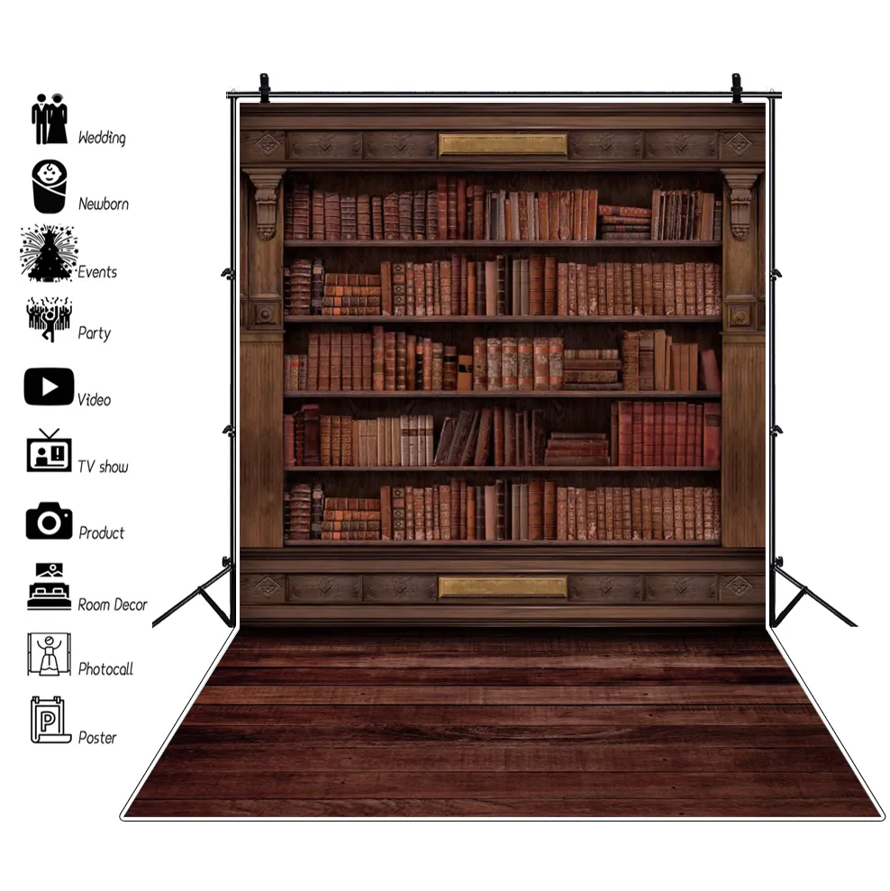 Bookcase Backdrop For Performance Vintage Bookshelf Photography Backdrop Wooden Bookcase Library Photo ...