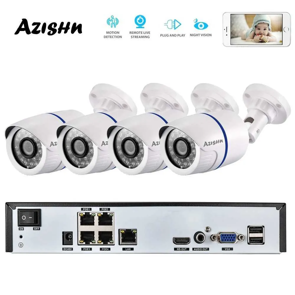 IP -camera's Azishn 4ch H.265+1080P 48V POE 2MP NVR CCTV CAMERASYSYSYSE ONDERVERZEKER 1080P IP CAMERA P2P VIDEO SEURVEILLANCE SYSTEEM NVR KIT 240413
