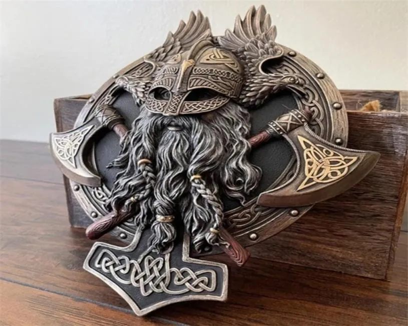 95aa Viking Berserker Double Ax Plaque Resin Statue Ornement Vintage Warrior Valhalla Sculpture Décoration de paroi de la figurine pour 22072123313