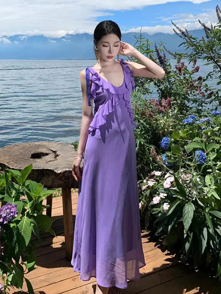 Casual Dresses 2024 Summer Women Purple Sexy Club Ruffled V-neck Bandage Slip Dress Female Backless Evening Party Long Sundress Vestidos