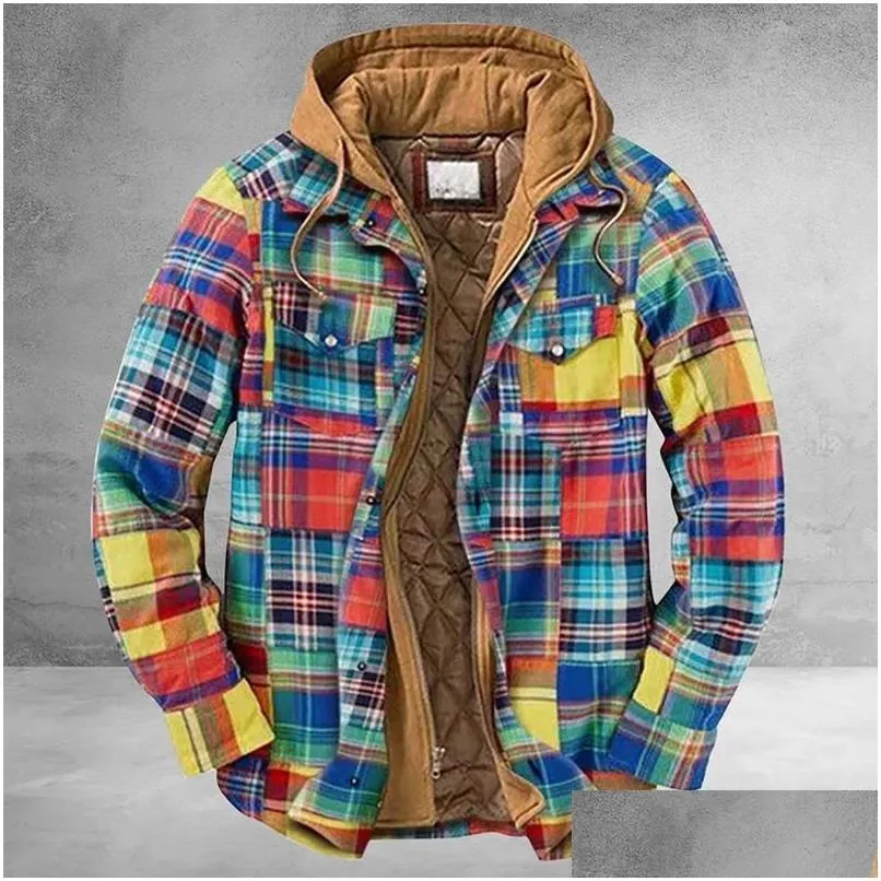 Mens Jackets Men Retro Vintage Spring Winter Long Sleeve Plaid Shirt Jacket For Checked Coat Overcoat Hooded Pocket Drop Delivery Appa Dhqfj