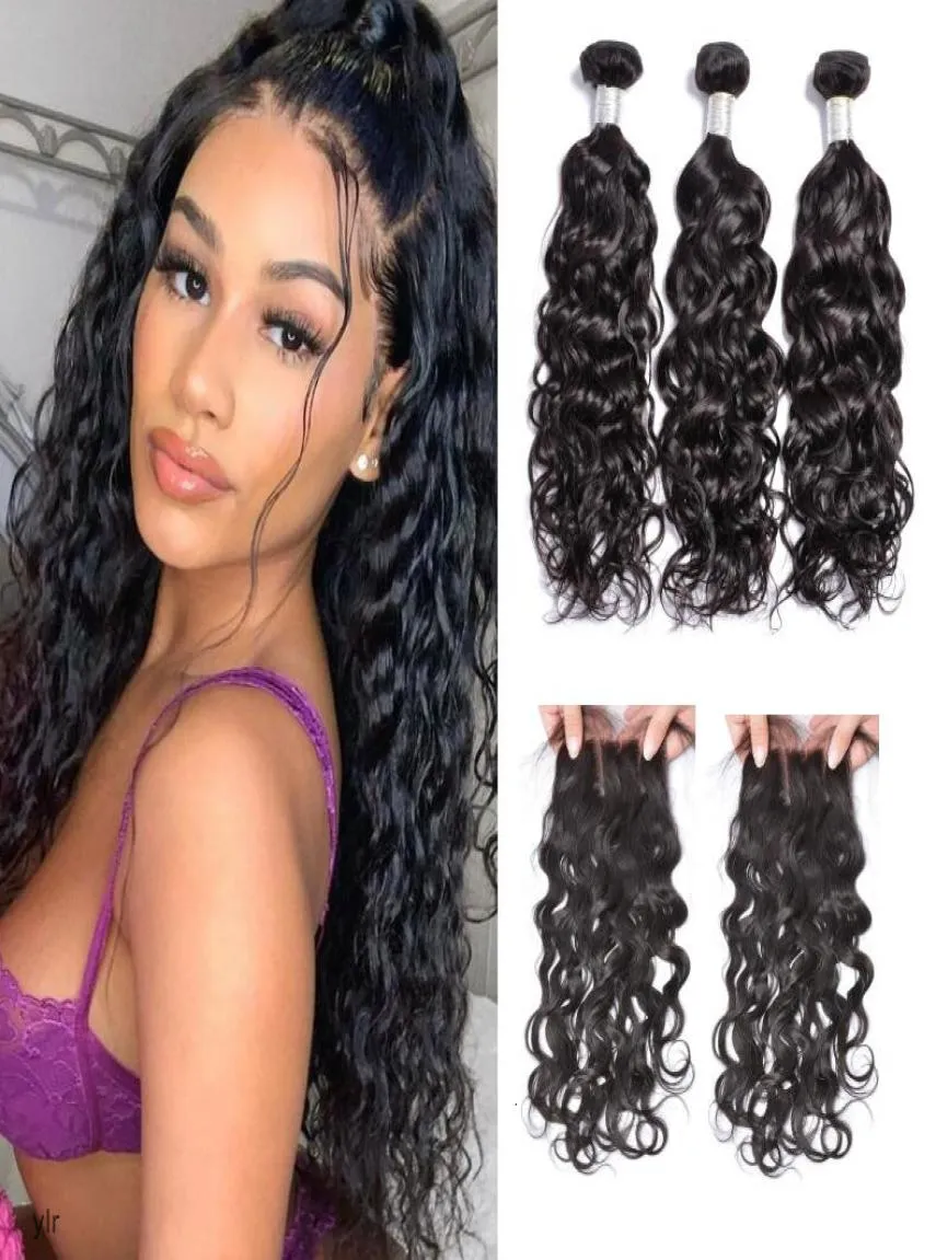 9a Virgin Brazilian Wet and Wavy Weave Bundles With Lace Closure Water Wave Human Hair Weaves1908624