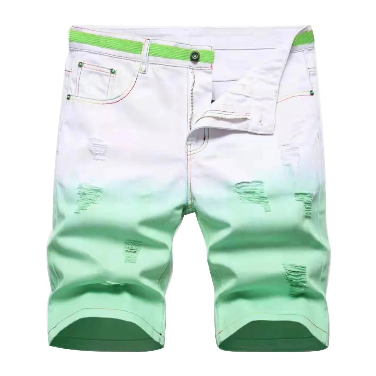 2024 Summer Men denim shorts mode fancy gradient färg jeans hög kvalitet elastisk rippad smal passform rak denim shorts 240411