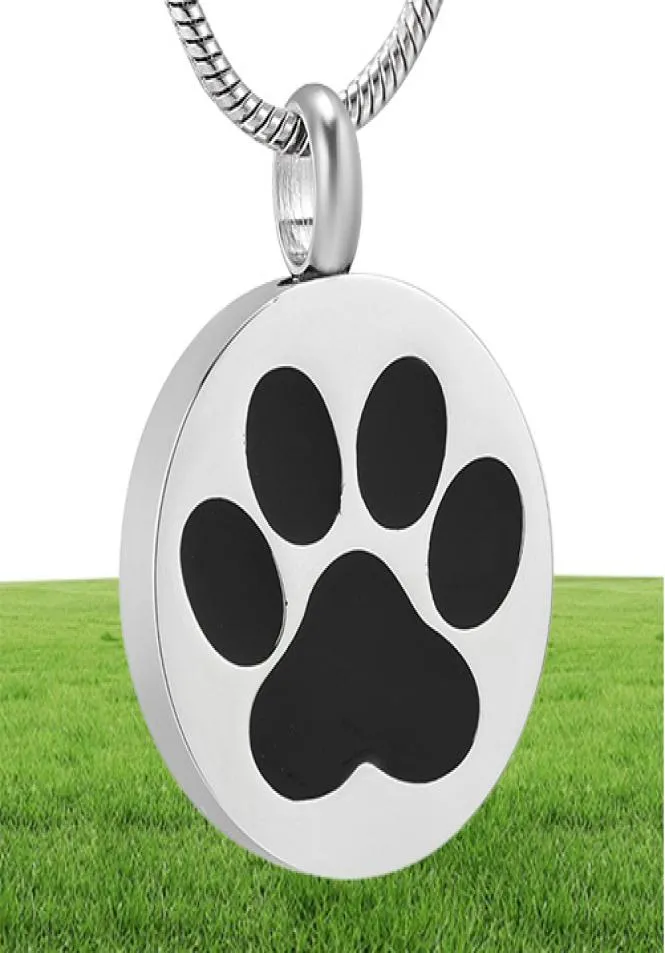 LKJ9738 DOGCAT PAW PRINT MEMORIAL URN SMYCKE ROUND ROINESLESS PET CREMATION Keepsake Pendant Necklace For Ashes2898389