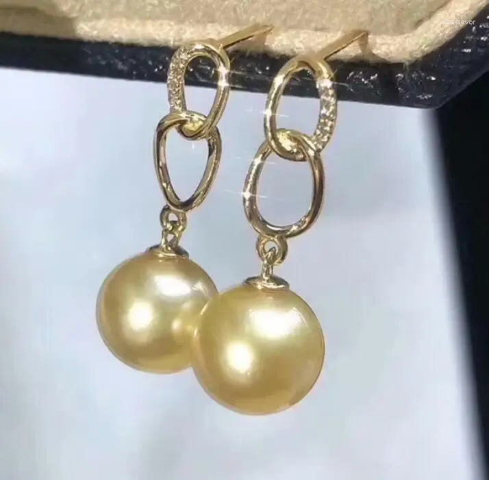 Dangle Earrings Natural 8MM Real Gold South Sea Round Pearl Fine Silver