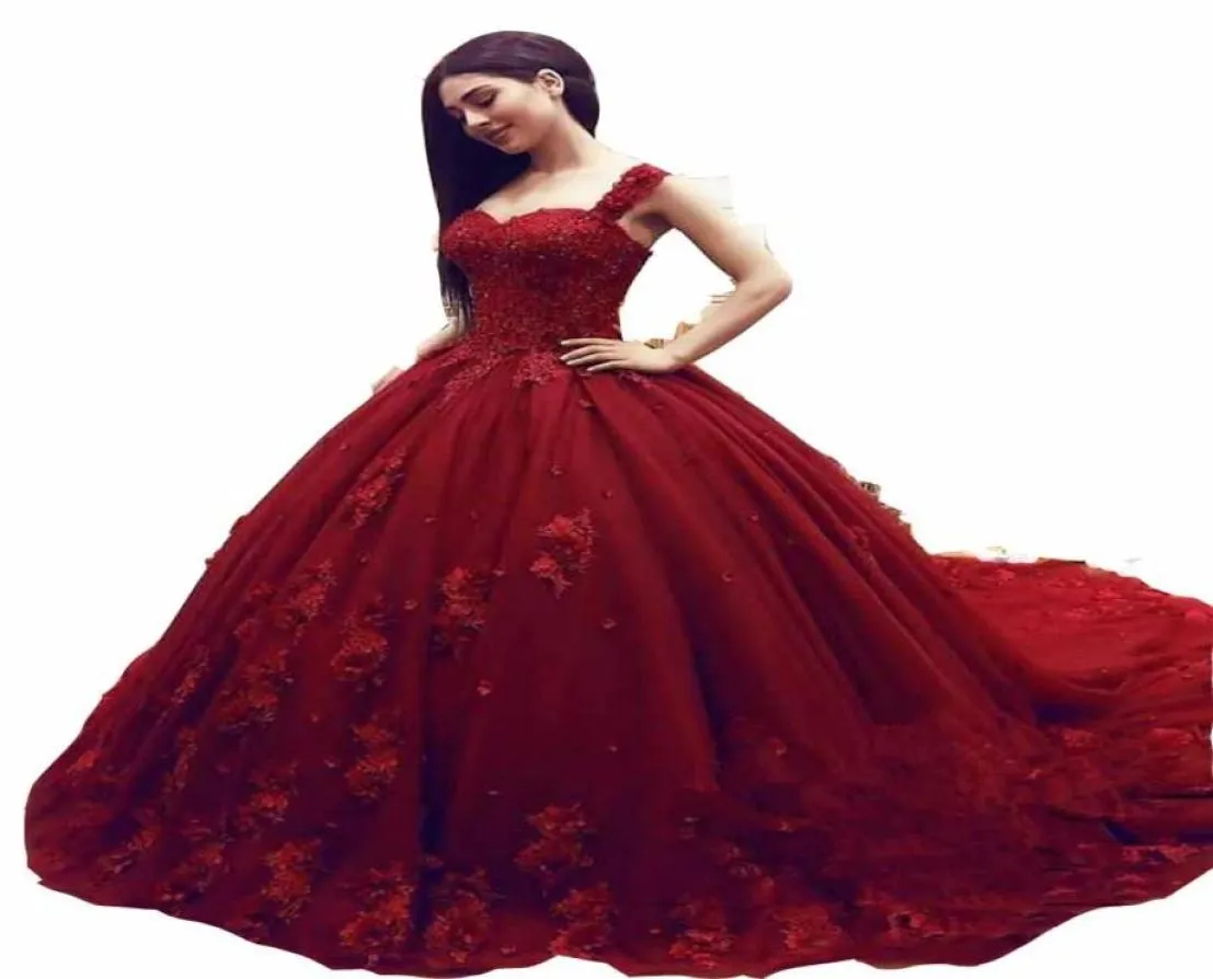2022 Fashion Sweet 16 Quinceanera Robe Bouche de bal de lacet rouge foncé 3D Appliques florales Crystal Masquerade Puffy Long Prom même 2667693
