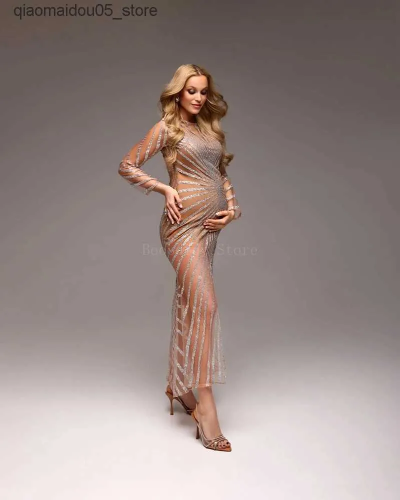 Maternity Dress Ankle-Length Polyester Long Sleeved Rhinestone Transparent  Mesh Maxi with Side Seams for Formal Shooting from Dhgate Maternity Dresses  - price 45.23