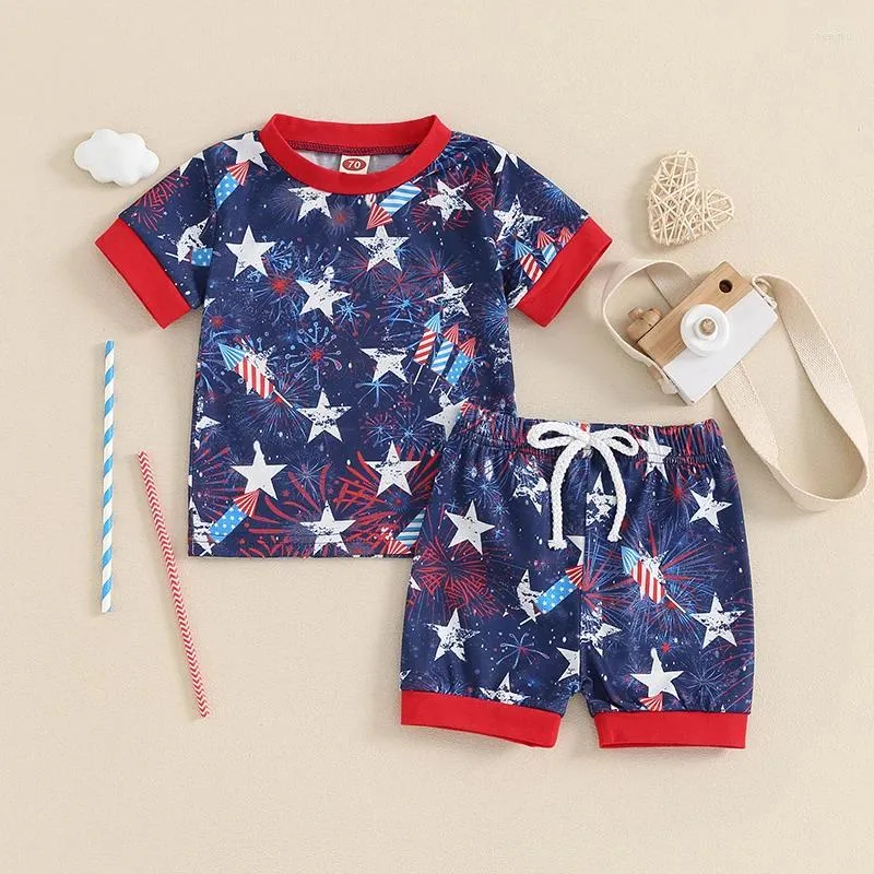 Kleidungssets Baby Boy 4. Juli Outfits Kurzarm Feuerwerk Star Print Tops Shorts Set Sommerkleidung