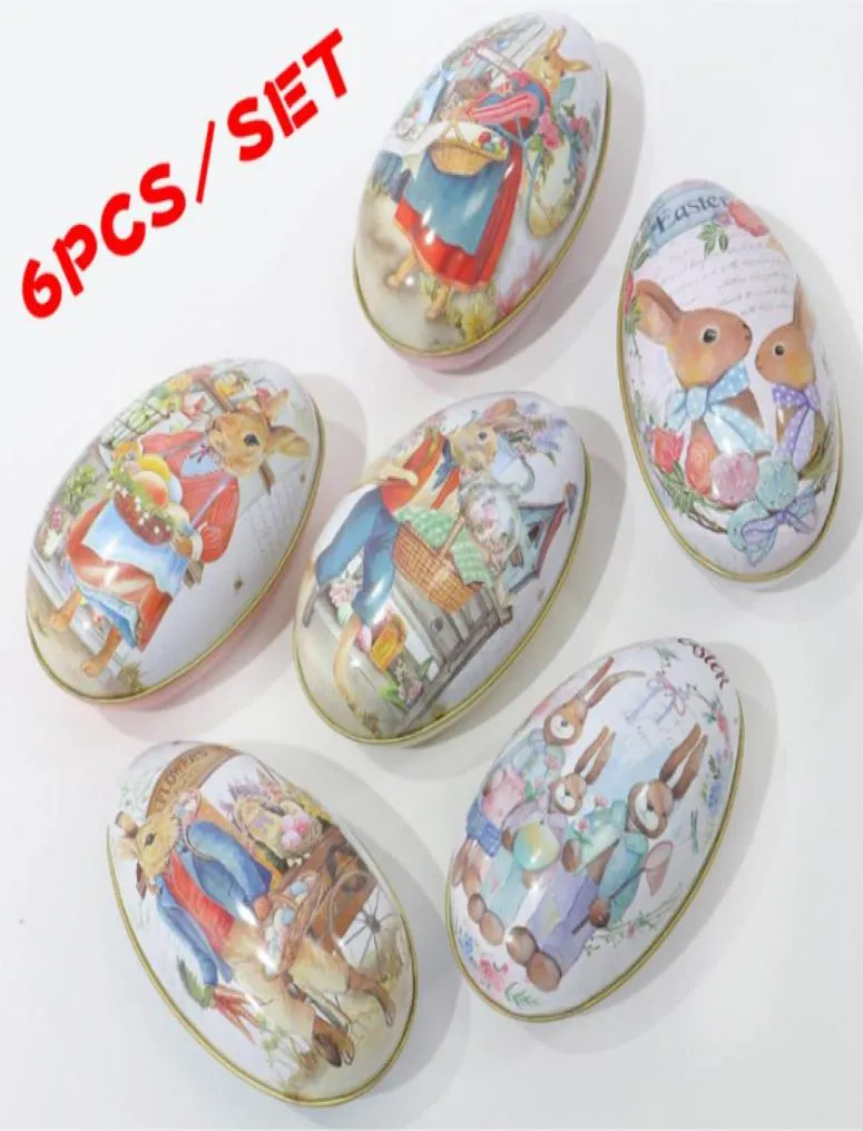 6 stuks Easter Bunny Dress Printing Legering Metaal snuisterij Tin Paaseierenvormige snoepdoos Tinplate Case Party Decoratie Z11236759299