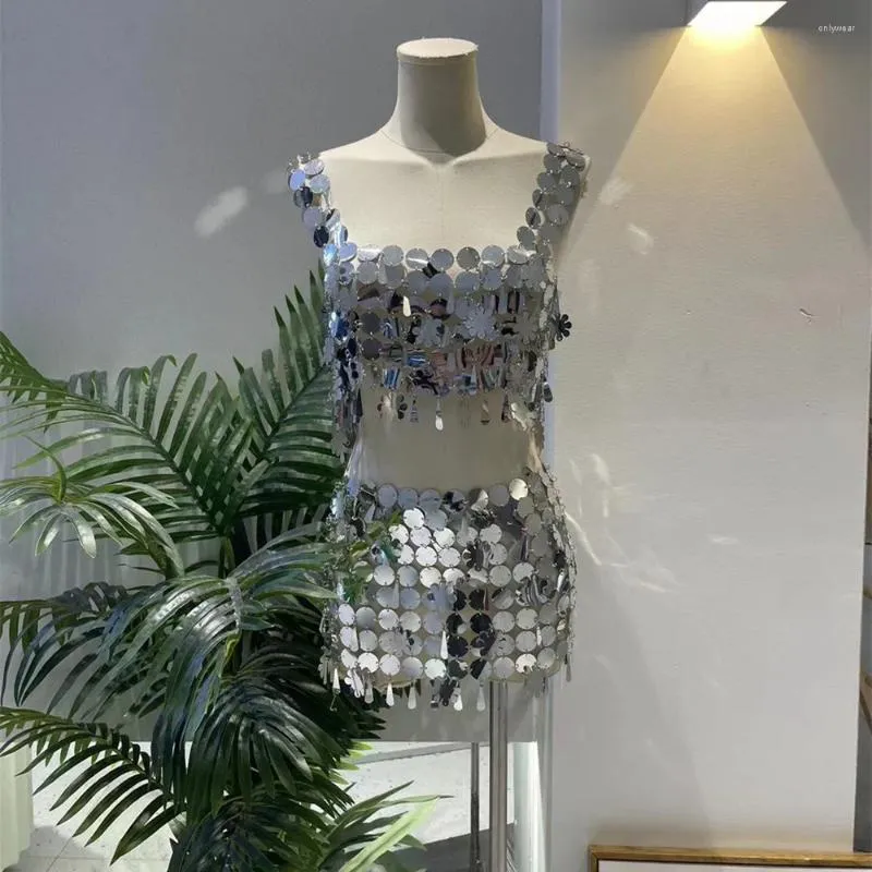 Kvinnors tankar Kvinnor Summer Sexig backless Camisole Glitter Silver Sequins ärmlös skördetopp