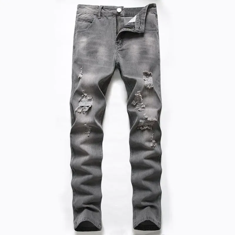 Mens Jeans Cotton Ripped Pants Grey Hip Hop Trousers Cowboy For