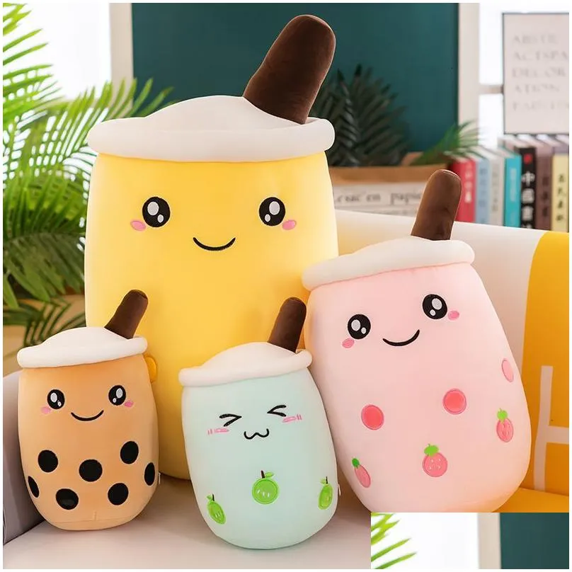 Plush Pillows Cushions 24cm Bubble Tea Plush Toy Boba Fruits Juice Drink Bottle Plushie Grape Pineapple Strawberry Avocado Pearls Milk Tea Gift