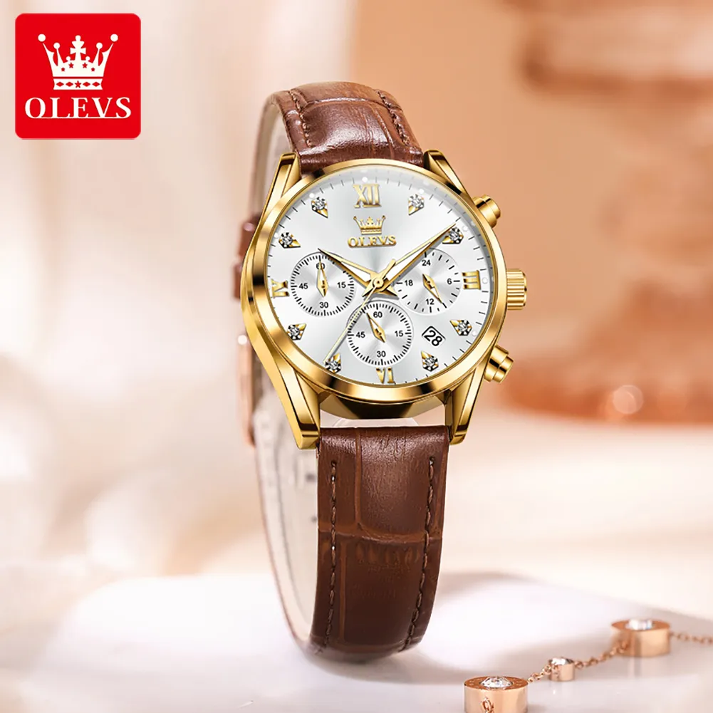 OLEVS Quartz Women Watch Three Eye Chronograph Hand Clock 