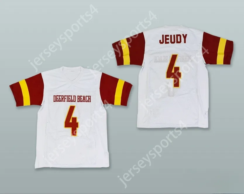Custom elk naamnummer Heren Jeugd/Kinderen Jerry Jeudy 4 Deerfield Beach High School White Football Jersey Top gestikte S-6XL