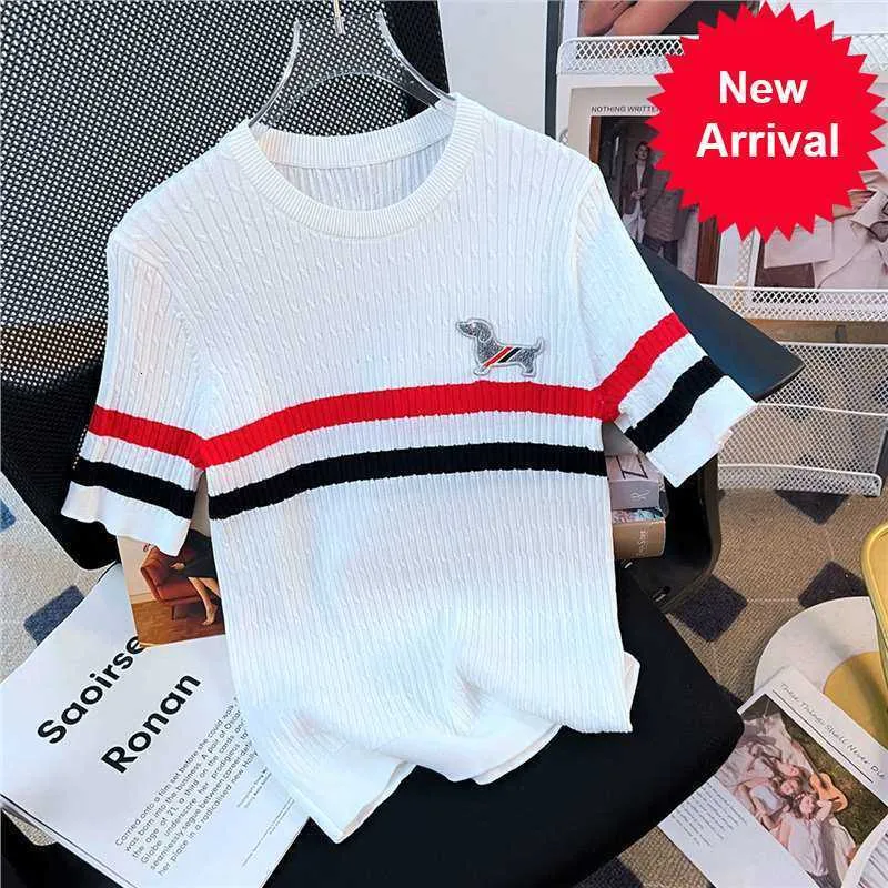 Academy Style Tb Puppy Short Sleeved Ice Silk Knit Sweater Summer T-shirt Women with Small Stature Round Neck Pullover for Slimming Top Trend