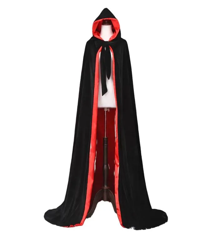 Black Cloak Velvet Hooded Cap Costume médiéval Costume Larp Halloween Fancy Dress2438518