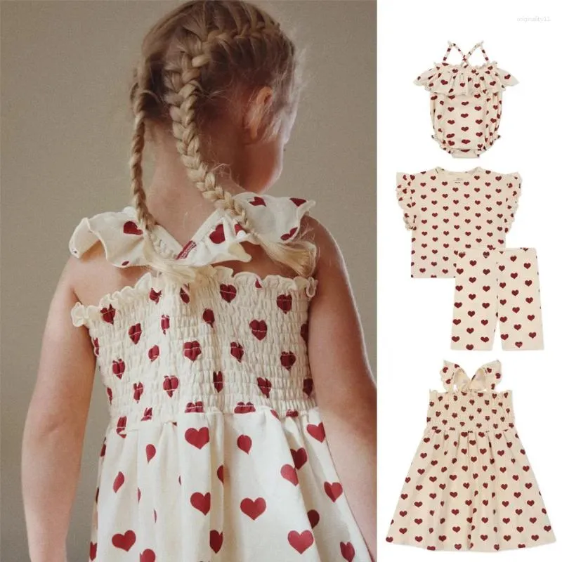 Kledingsets 1-9 jaar KS zomer peuter jumpsuit klimpak babymeisjes katoenen bedrukte riem jurk kindervliegende mouw t-shirt