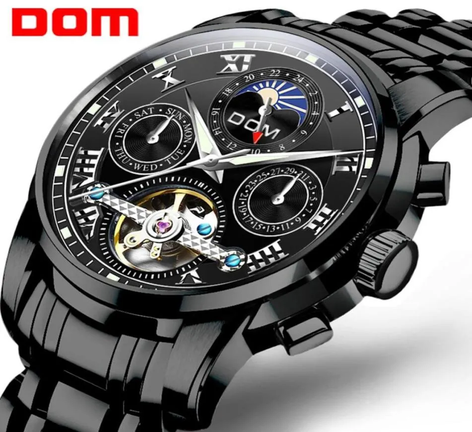 Dom Brand Men Watches Automatic Mechanical Watch Tourbillon Sport Clock Black Steel Business Retro Wristwatch M75BK1MH3536791