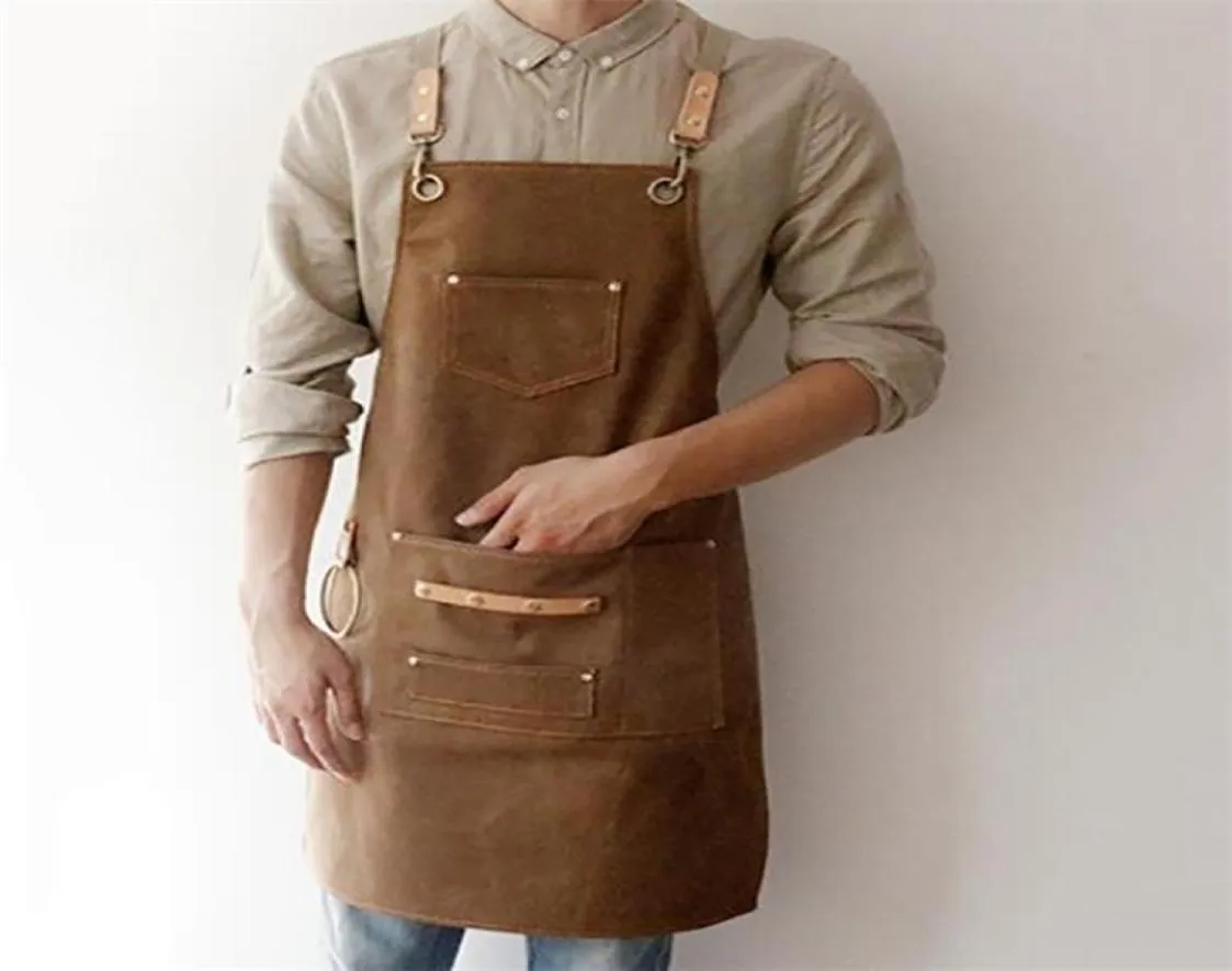 BBQ Canvas Apron Bib Leather Chef Kitchen for Women Men Barista Bartender Pockets Home Barber Cook Coffee Restaurant LJ2008156599032