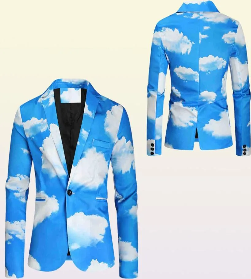 Ternos blazers 2022 homens outono e inverno novo moda azul céu nuvem branca terno impresso juvenil aleatório botão de botão J2209065064153