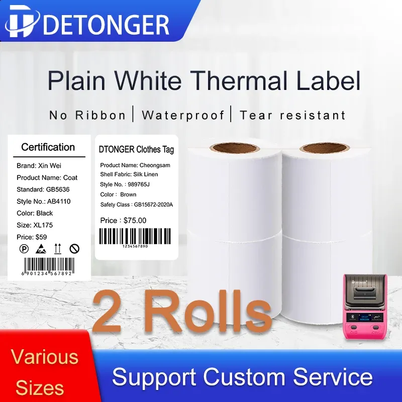 Papier 2 Rolls White Thermal Synthétique Étiquette Papier Adhensive Bacord QR Prix de code Immasé Imperméable Huile à l'épreuve Anti Alcool