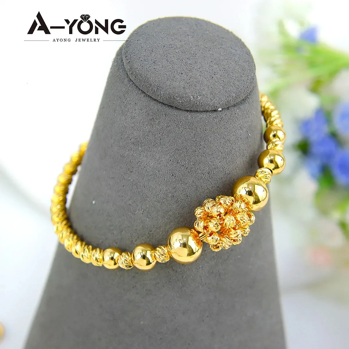 Elegant Gold Bracelet 21k Gold Plated Bead Cuff Bangle Dubai Muslim Islamic Festival Wedding Jewelry Gift 240408