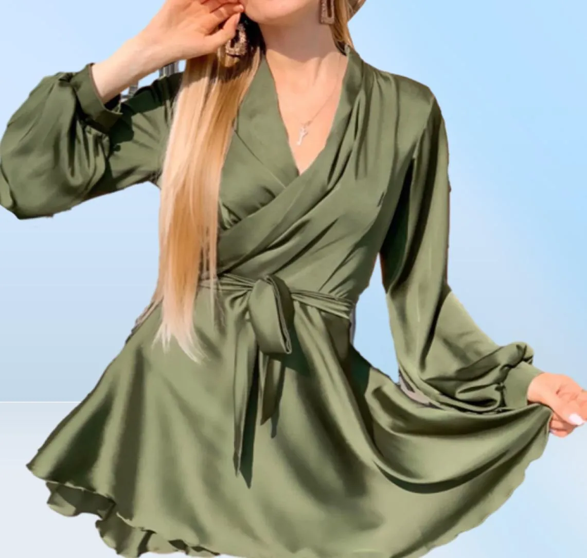 Designer Sexy Women Long Sleeve V Neck Solid Dresses Female Fashion Elegant Mini Short Casual Party Dress With Sashes E221131192