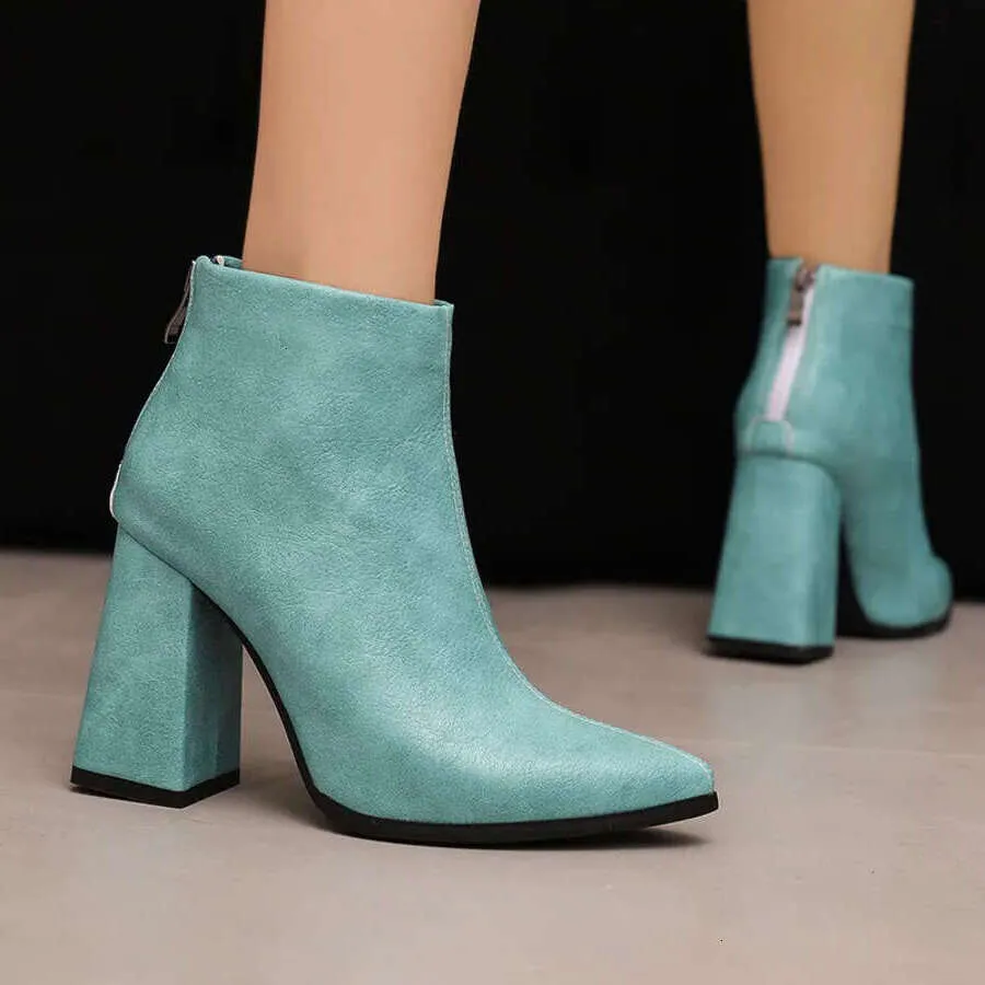 slim fit dress slacks The Elera Green Leather Block Heel Women Boot [EU-40 & US-9.5] main image 1