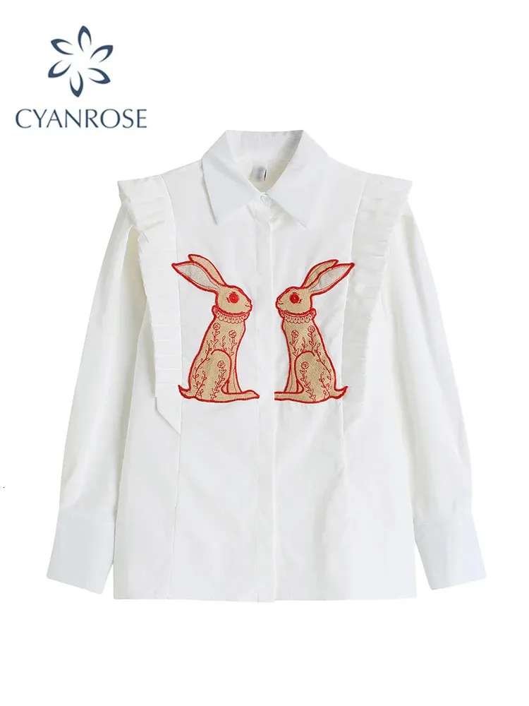 Mulheres Vintage Rabbit Camisa impressa de rua de greamwear de greaminha doce Moda chique em grandes dimensões fêmeas soltas All-Match Bloups Tops 240408