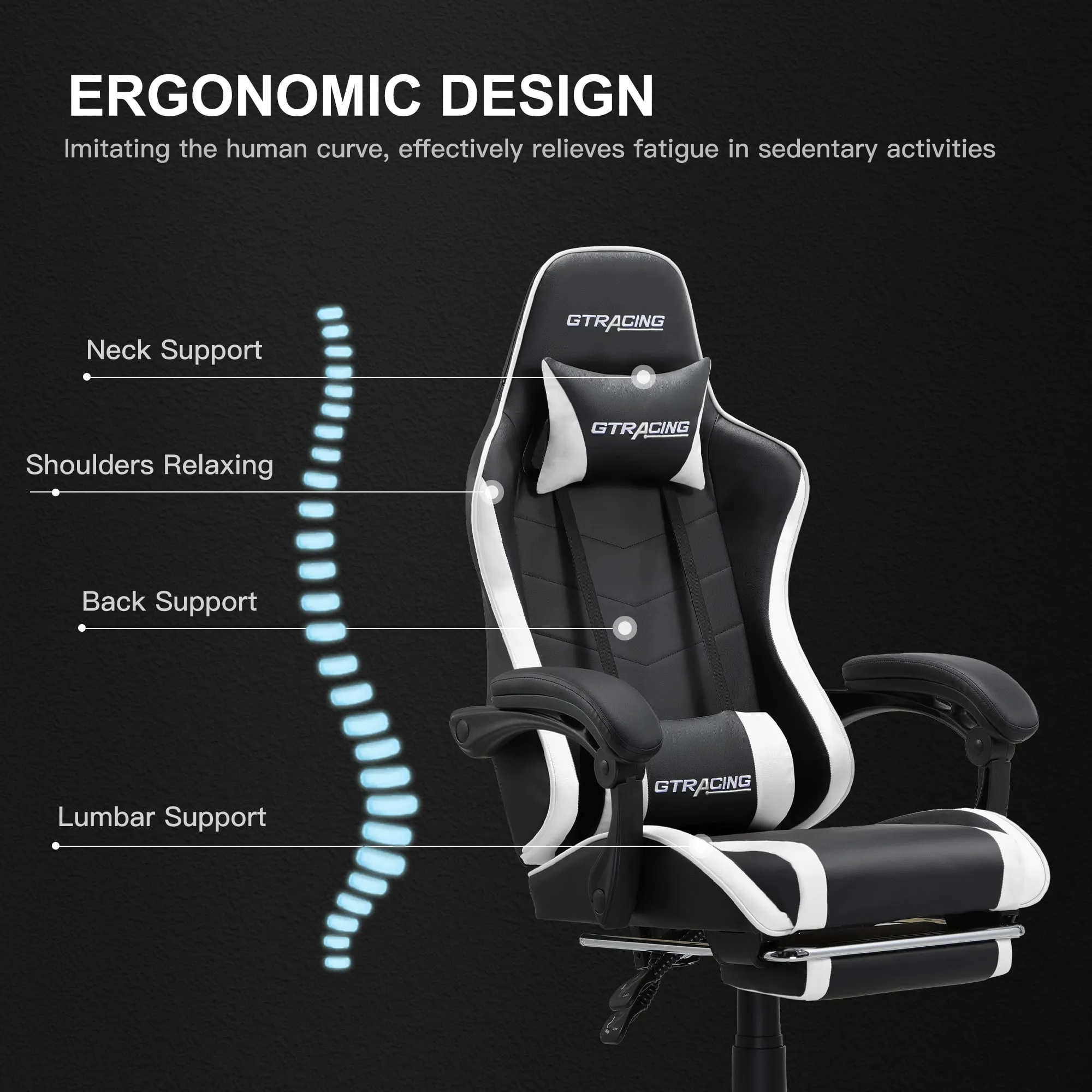 GTRACING GTWD-200 Gaming Chair with Footrest, Height Adjustable Office Swivel Reclining, White